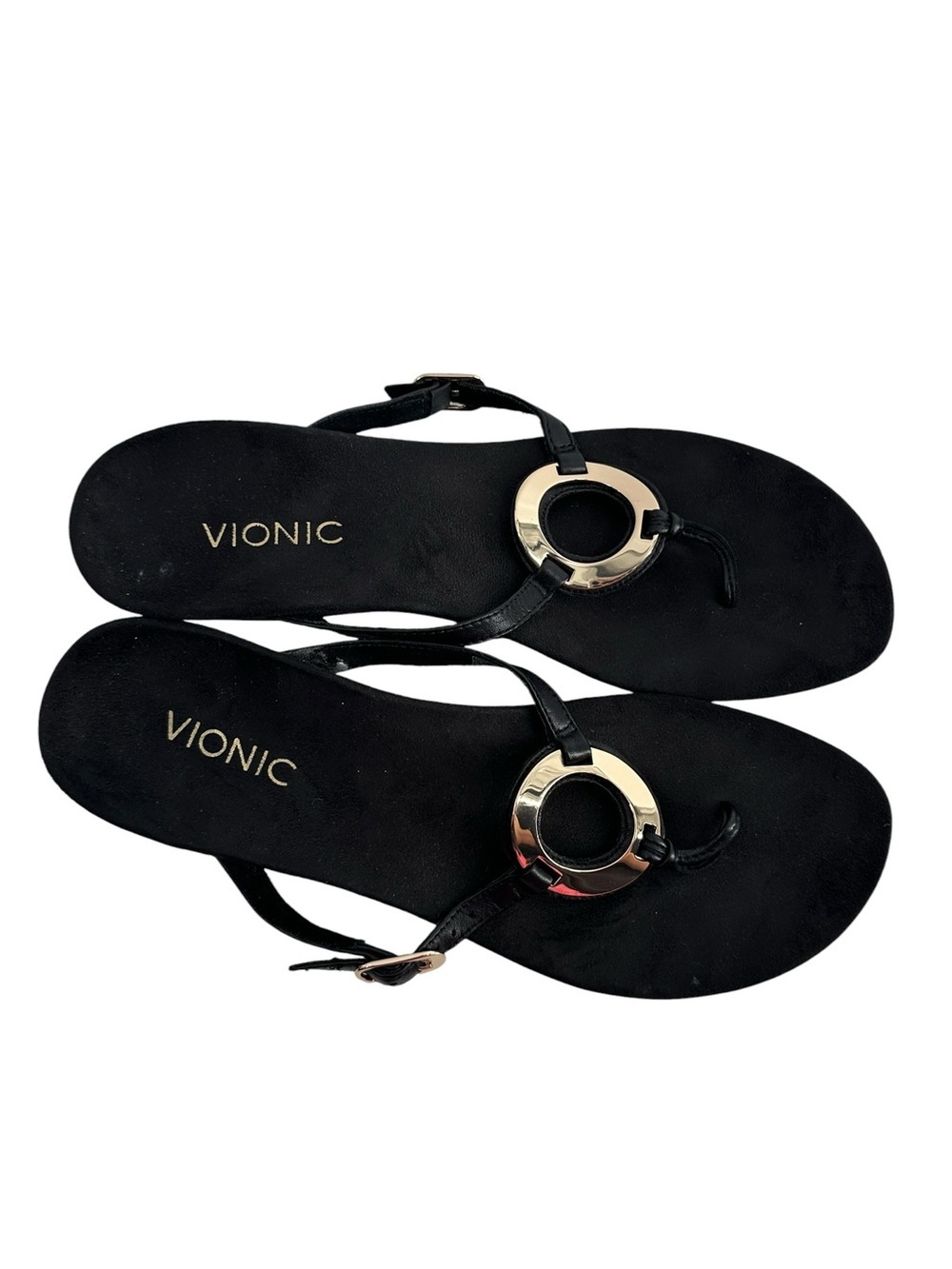 Vionic sandals Black Thong wedge Sandals with Gold Accent leather sz 9.5